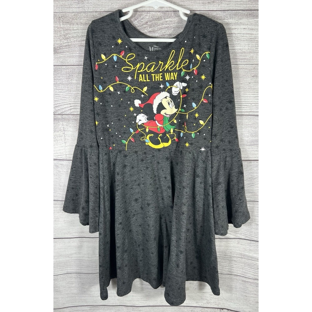 Disney Minnie Mouse Dress Girls Size M 7-8 Grey Bell Sleeves Fit n Flare Boho